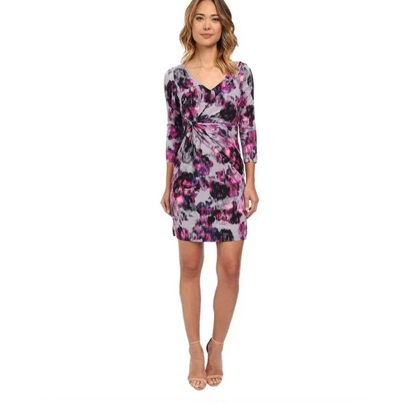 NYDJ Sz 4P Sylvia Dress Berry Tweed V-Neck Side Twist Slimming 3/4 Sleeve NEW - Picture 1 of 7